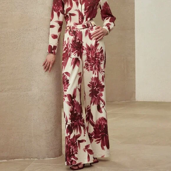 Burgundy Casual Women's Floral Print Straight Leg Wide Pants - Picture 5 of 7